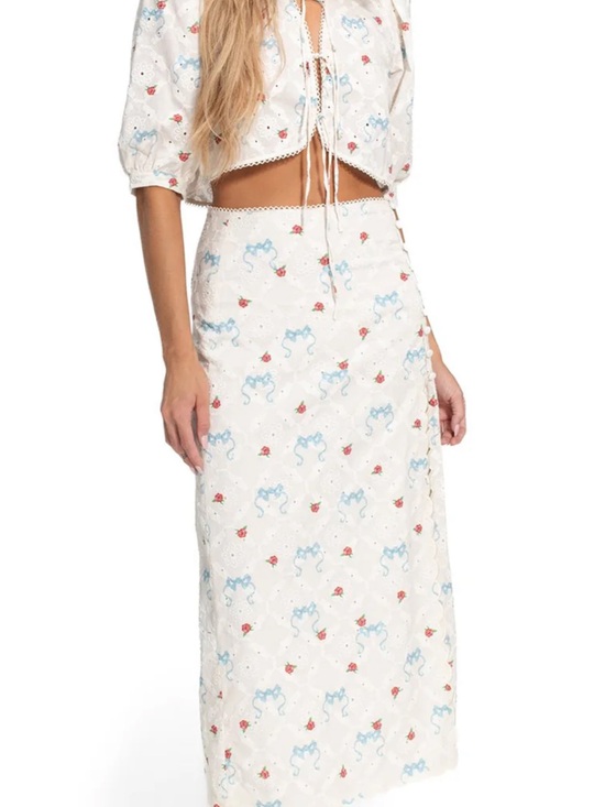 Agua Bendita Dresses & Skirts - Agua Bendita White Eyelet Maxi Skirt with Blue & Red Floral Motif